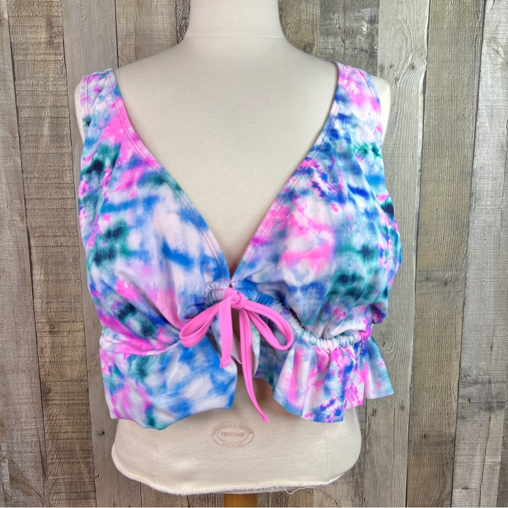 Decree Size 3X Tie Dye Ruffle Hem Tie Front Bikini Padded Top w/Side Wir…